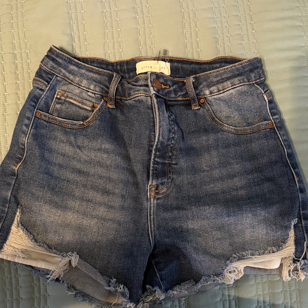High-Rise Distressed Denim Shorts - Dark Blue